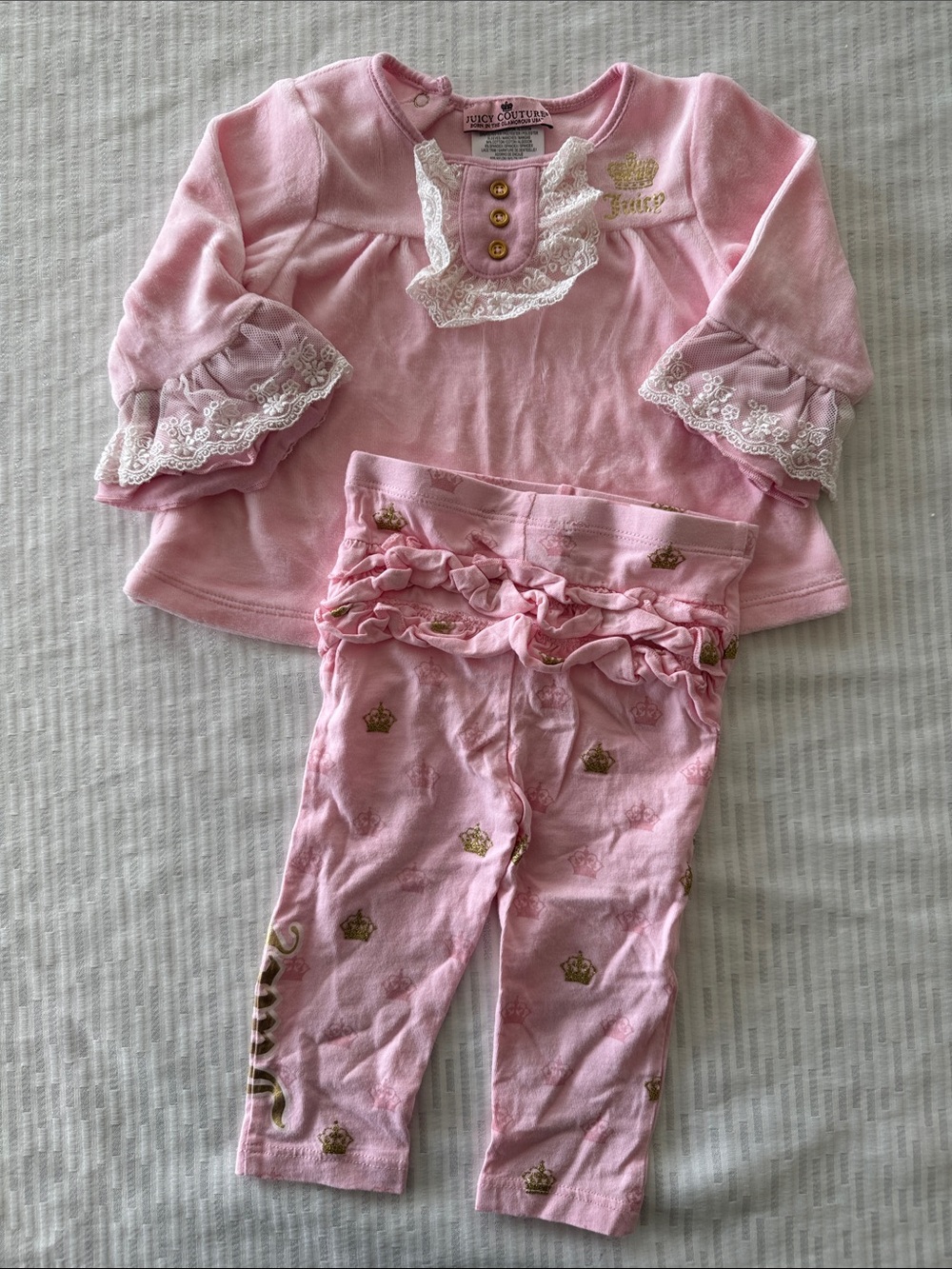 Juicy Couture Pink Lace Ruffle Top and Crown Print Leggings